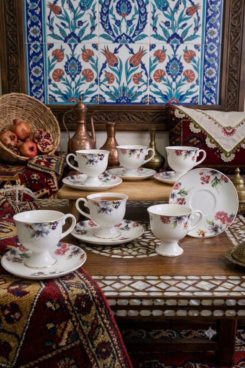 Renkli Çicek  Desenli Türk Kahvesi Fincan Takımı