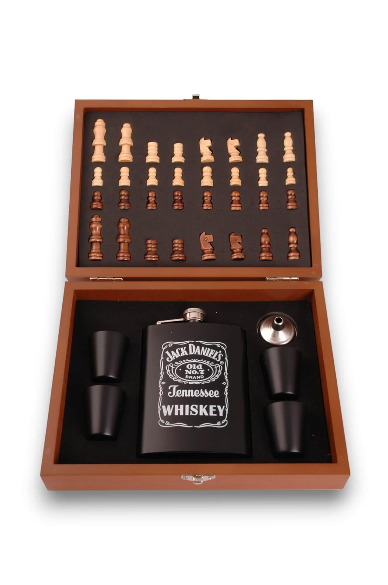 Siyah Beyaz Jack Daniels Satrançlı Matara Seti Ahşap Kutulu
