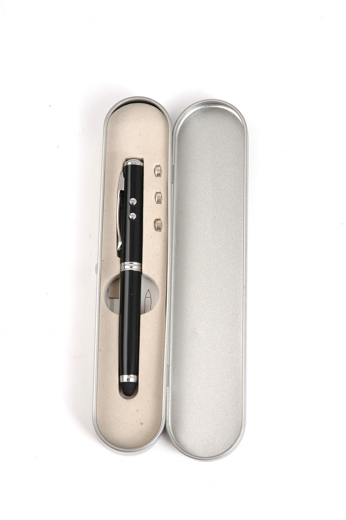 Siyah Lazer Pointer/Led Fener Kalem Metal Kutulu