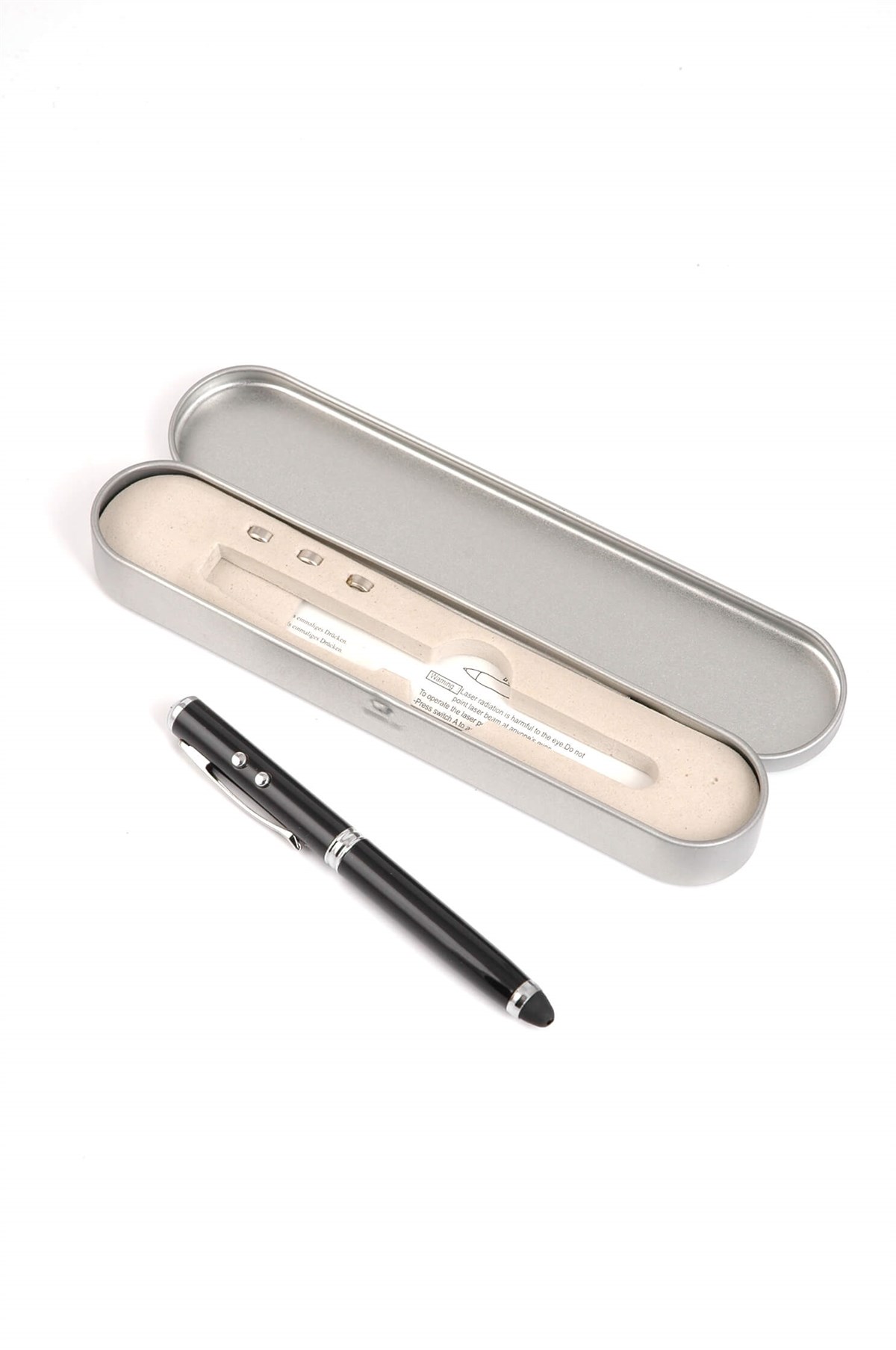 Siyah Lazer Pointer/Led Fener Kalem Metal Kutulu