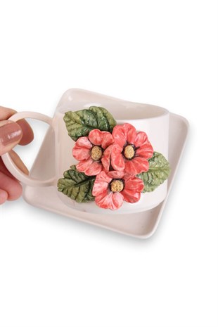  Mercan Anemone Detaylı Kare Düz  Tabaklı Kahve Fincanı