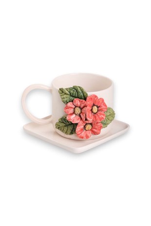  Mercan Anemone Detaylı Kare Düz  Tabaklı Kahve Fincanı