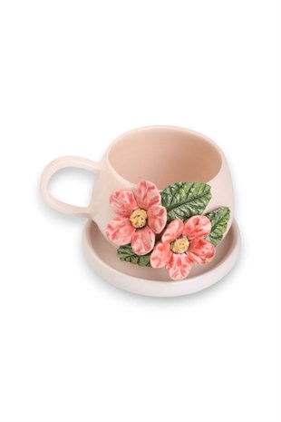  Mercan Anemone Detaylı Seramik Tabaklı Çay Fincanı