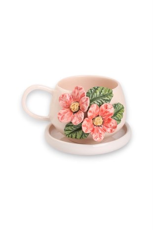  Mercan Anemone Detaylı Seramik Tabaklı Çay Fincanı