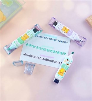  Yeşil Ayıcık Temalı Desenli Roller Kalem & Fosforlu Kalem Seti(mavi ,yeşil,mor)