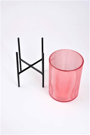 10x21cm Mercan Dalgalı Cam Siyah Metal Ayaklı Mumluk