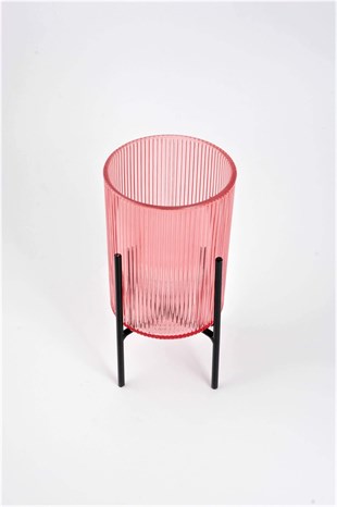 10x21cm Mercan Dalgalı Cam Siyah Metal Ayaklı Mumluk