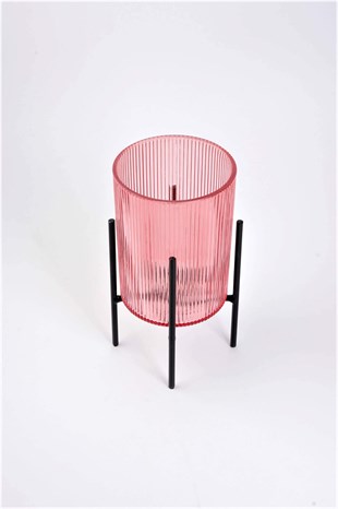 10x21cm Mercan Dalgalı Cam Siyah Metal Ayaklı Mumluk