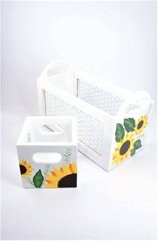 14 x 14 cm Düz Kare Tel Kafesli Ahşap Sepet Beyaz Ayçiçeği