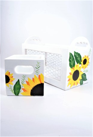 14 x 14 cm Düz Kare Tel Kafesli Ahşap Sepet Beyaz Ayçiçeği
