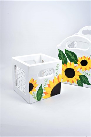 14 x 14 cm Düz Kare Tel Kafesli Ahşap Sepet Beyaz Ayçiçeği