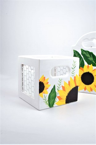 14 x 14 cm Düz Kare Tel Kafesli Ahşap Sepet Beyaz Ayçiçeği