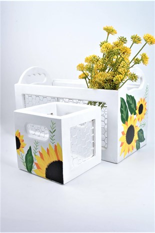 14 x 14 cm Düz Kare Tel Kafesli Ahşap Sepet Beyaz Ayçiçeği