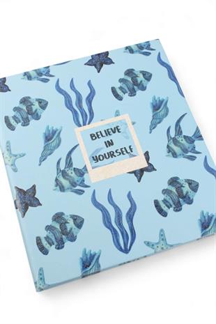 17x19,5cm Simli Marin Desen Çizgili Sert Kapak 160 Sayfa Dikişli Defter