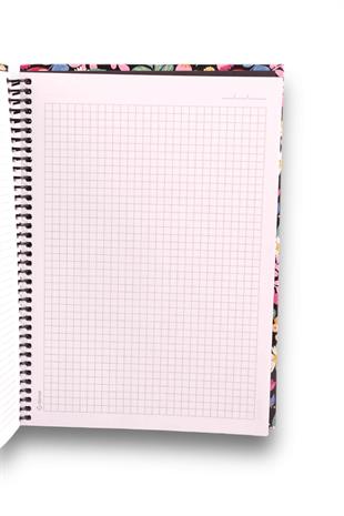17x24cm Siyah Çiçekli Sert Kapak Kareli Spiralli Defter 96 Yaprak