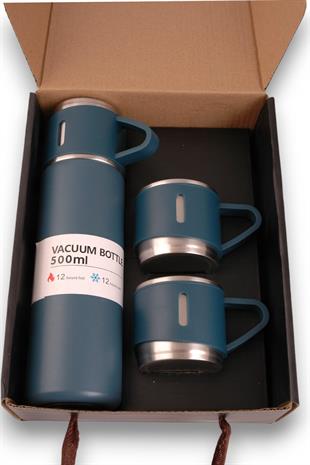 3 Bardaklı Lacivert Termos Matara Seti Kutulu 500ml