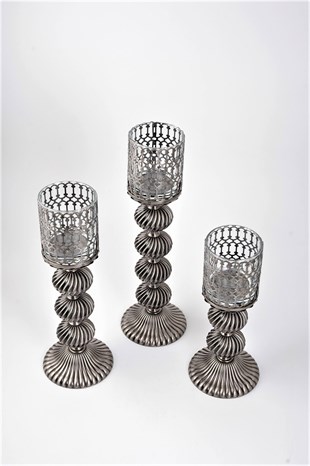 30cm Gümüş Antik Dört Boğumlu 7cm Bardak Mumluk	