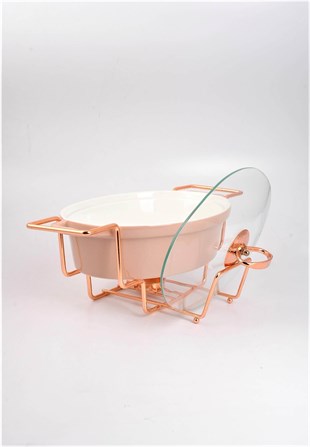 30cm Pembe Oval Porselen Fırın Kabı Rose Isıtıcılı Servis Ayaklı