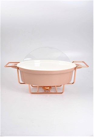 30cm Pembe Oval Porselen Fırın Kabı Rose Isıtıcılı Servis Ayaklı