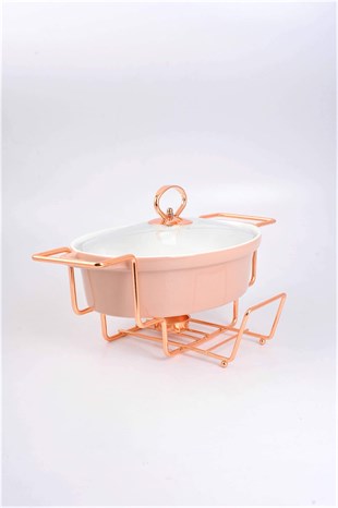 30cm Pembe Oval Porselen Fırın Kabı Rose Isıtıcılı Servis Ayaklı