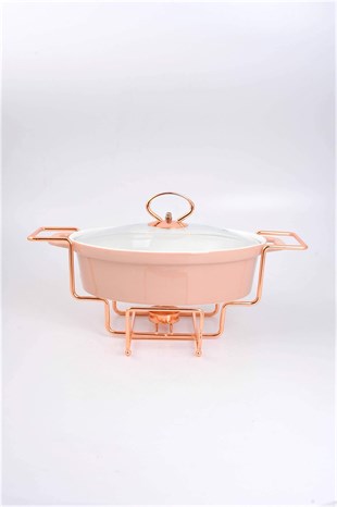 30cm Pembe Oval Porselen Fırın Kabı Rose Isıtıcılı Servis Ayaklı