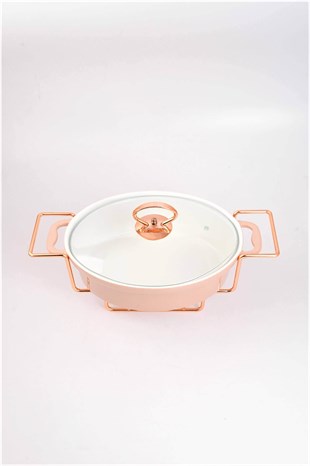 30cm Pembe Oval Porselen Fırın Kabı Rose Isıtıcılı Servis Ayaklı