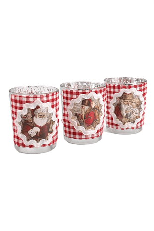 3lu Cam Bardak Mumluk Kareli Kumaş Nostaljik Noel Baba Resimli
