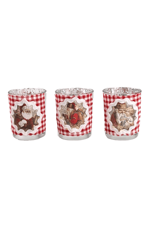 3lu Cam Bardak Mumluk Kareli Kumaş Nostaljik Noel Baba Resimli