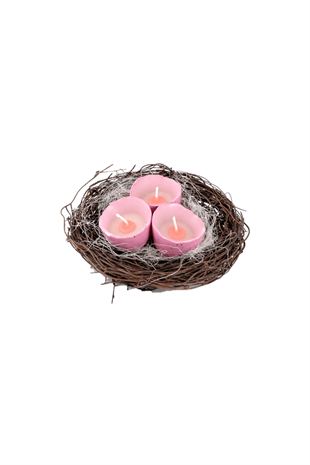 3lü Pembe Yumurta Mum Hasır Sepette 
