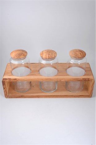 3lü Uzun Erzak Kavanozu Zeytin Ağacı Standlı