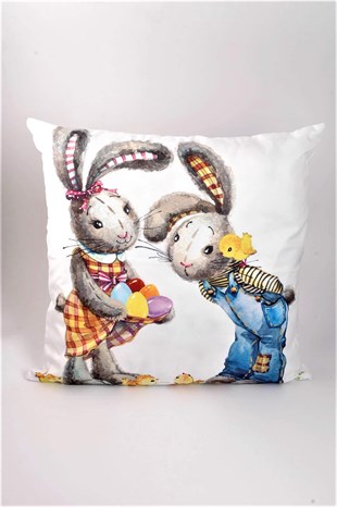 45x45 cm İkili Tavşanlı Beyaz Yastık