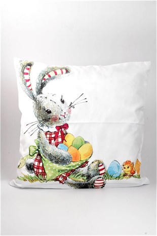 45x45 cm Oturan Kırmızı Tavşanlı Beyaz Yastık