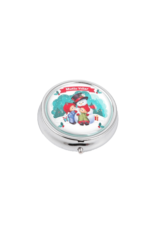 5 cm Metal Yeşil Kardan Adam Desenli İlaç Kutusu
