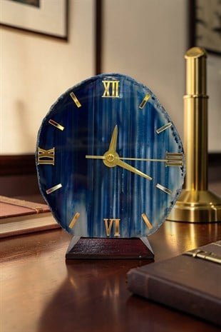 Aquamarin Tonlarında Akik Masa Saati N26