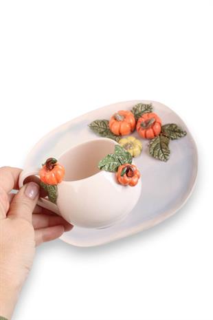 Balkabağı Motifli  296 mL El Yapımı Seramik Kahve Fincanı No:2