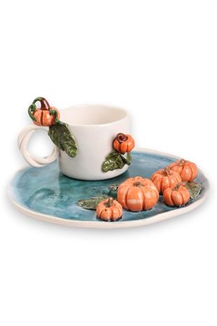 Balkabağı Motifli  296 mL El Yapımı Seramik Kahve Fincanı No:1