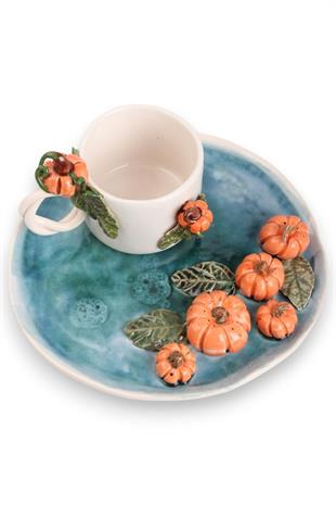 Balkabağı Motifli  296 mL El Yapımı Seramik Kahve Fincanı No:1