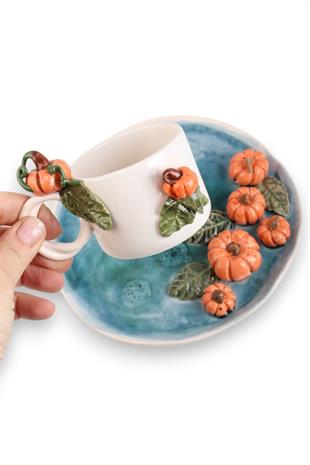 Balkabağı Motifli  296 mL El Yapımı Seramik Kahve Fincanı No:1