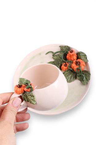 Balkabağı Motifli  296 mL El Yapımı Seramik Kahve Fincanı No:3
