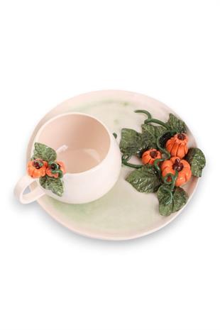 Balkabağı Motifli  296 mL El Yapımı Seramik Kahve Fincanı No:3