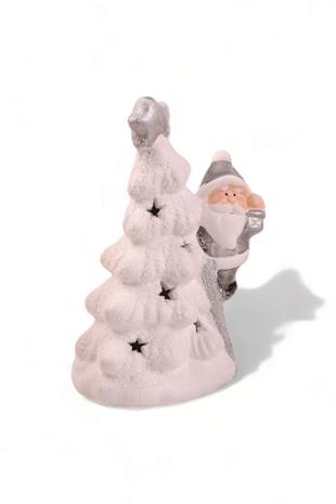 Beyaz Karlı Noel Babalı İçten Işıklı Seramik Ağaç Biblo 22013
