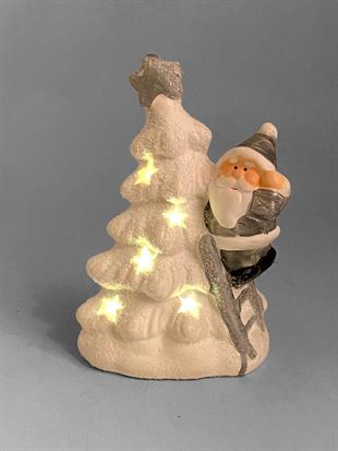Beyaz Karlı Noel Babalı İçten Işıklı Seramik Ağaç Biblo 22013
