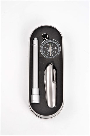 Çakı Fener Pusula Metal Kutulu Set