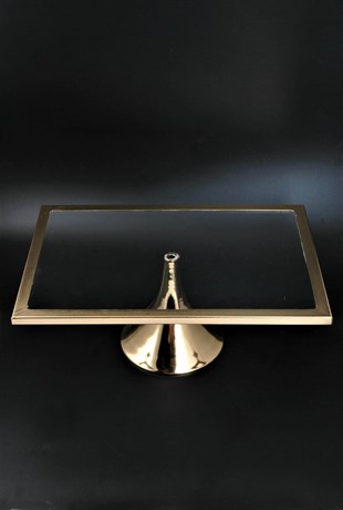 Dikdörtgen Cam Metal Altın Kenarlı Ayaklı Pasta Servis Tabağı