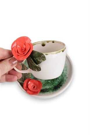 Gül Detaylı  Tabaklı  Seramik  Kahve Fincanı