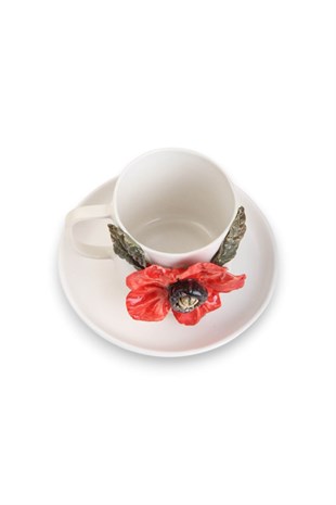 Kırmızı Anemone Detaylı Porselen  Türk Kahvesi  Fincanı