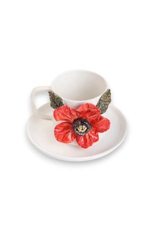 Kırmızı Anemone Detaylı Porselen  Türk Kahvesi  Fincanı