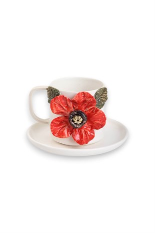 Kırmızı Anemone Detaylı Porselen  Türk Kahvesi  Fincanı