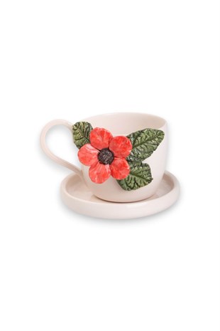 Kırmızı Anemone Detaylı Seramik Tabaklı Türk  Kahve Fincanı