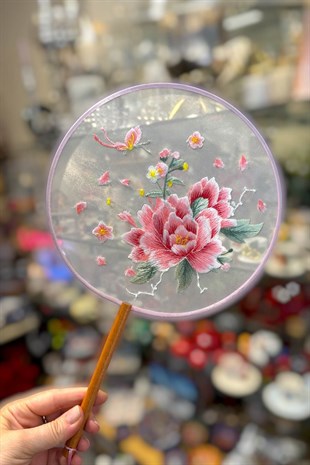 Nakışlı Japon Yelpazesi Pembe Güllü